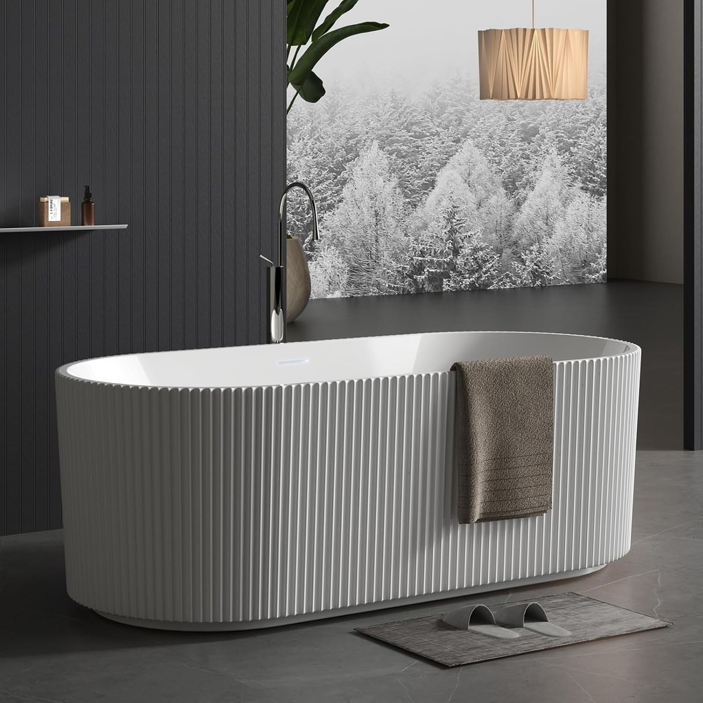 59 in Acrylic Freestanding Bathtub, Deep Soaking Tub with Non-Slip Base, cUPC Certified Free Standing Tub, Chrome Drain Bath Tub, Modern Tub for Bathrooms, White