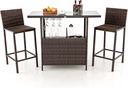 Tangkula Outdoor Bar Set, 3 Pieces Patio Wicker Bar Height Table and Chair Set with 3 Rows Stemware Racks, Hidden Storage Shelf, Tempered Glass Tabletop, 2 Stools for Backyard, Poolside (Mix Brown)