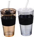 450ml Glass Water Cup Set with Straw Insulated Lid Drinking Bottle for Juice Beer Iced Tea 2 Pack