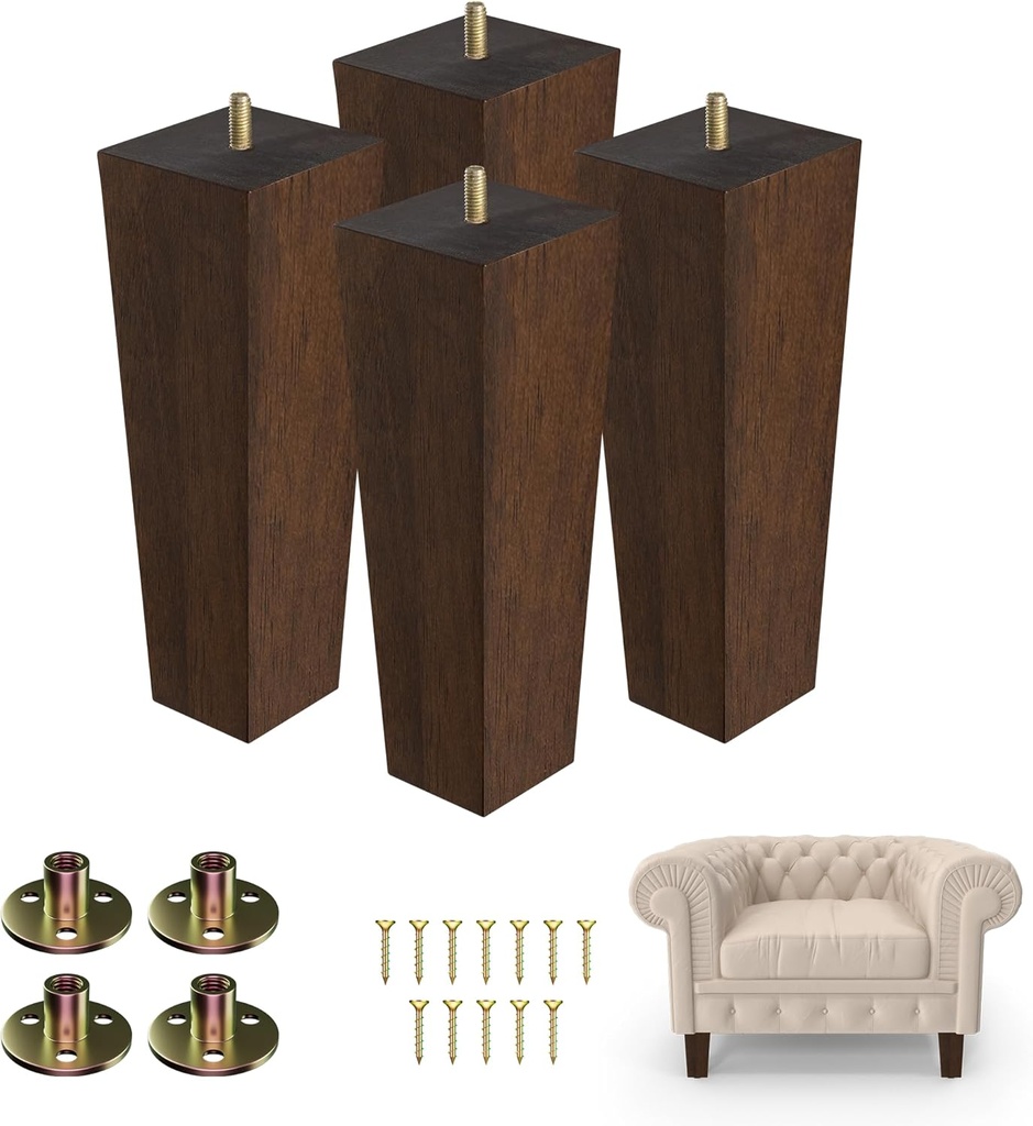 Yes4All 8-Inch Square Black Solid Wood Furniture Legs Set of 4, Heavy Duty 800 lbs Capacity, Adjustable Levelers, Replacement Furniture Legs for Couch, Sofa, Dresser, Ottoman, Chair, and Bed