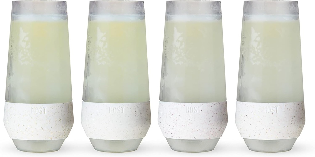Host Freeze Champagne Flutes, Shatterproof Freezable Double Walled Stemless Sparkling Wine Glasses Drinking Set, Plastic Flutes for Mimosas and Champagne, Gifts for Wine Lovers, 9oz, Set of 4, Glitter