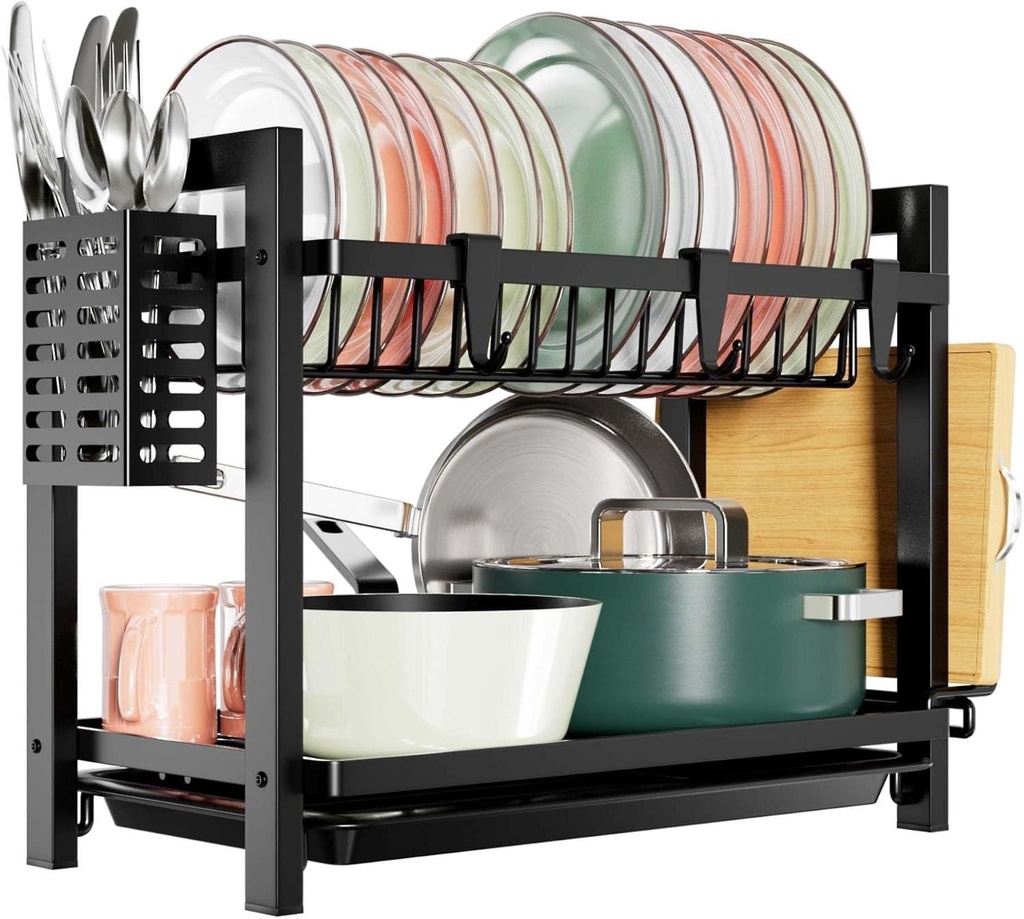 Dish Drying Rack 2 Tier, Black Stainless Steel Kitchen Drainer with Drip Tray