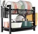 Dish Drying Rack 2 Tier, Black Stainless Steel Kitchen Drainer with Drip Tray