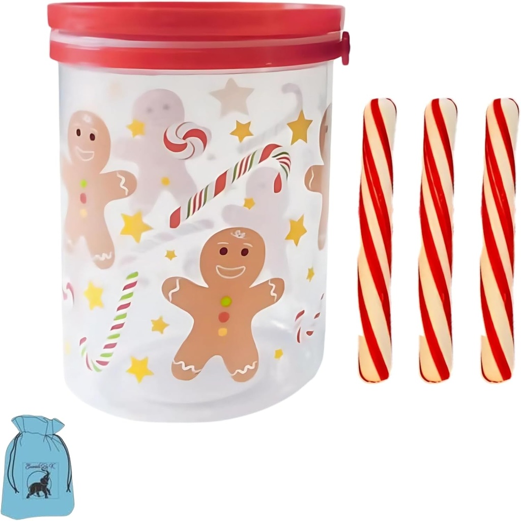 EB (1) Clear Printed Plastic Christmas Bucket with Handle for Cookies Candies Treats Food Storage Holiday Jar Home Kitchen Organizer Gift Set & (3) Bag of Mini Peppermint Sticks (Design May Vary)