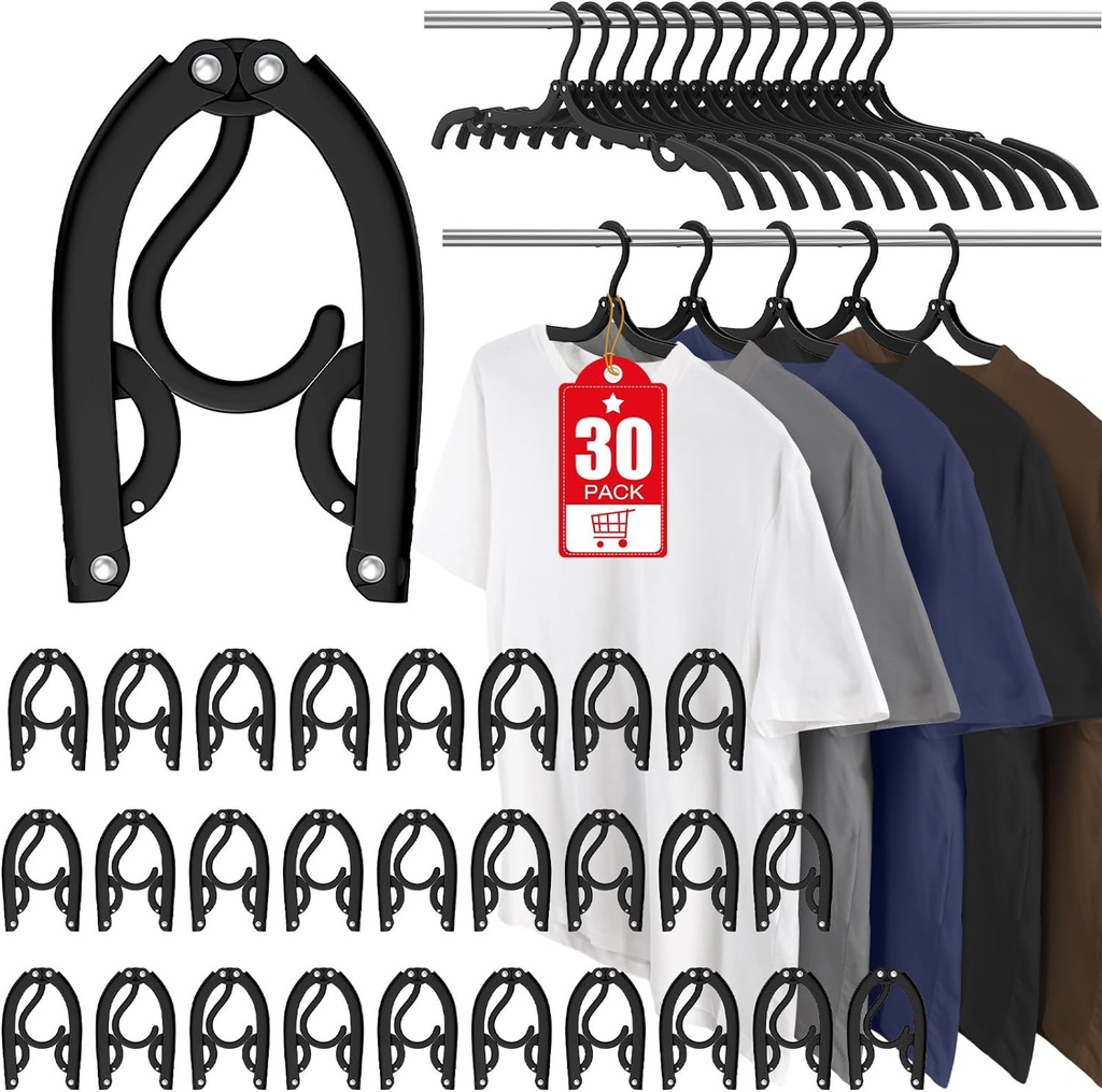30 Pcs Travel Hangers Portable Foldable Travel Hanger Organizer, Plastic Cruise Essentials Clothes Drying Rack Folding Hangers for Camping Flying RV Europe Vacation Essentials Suitcase, Black