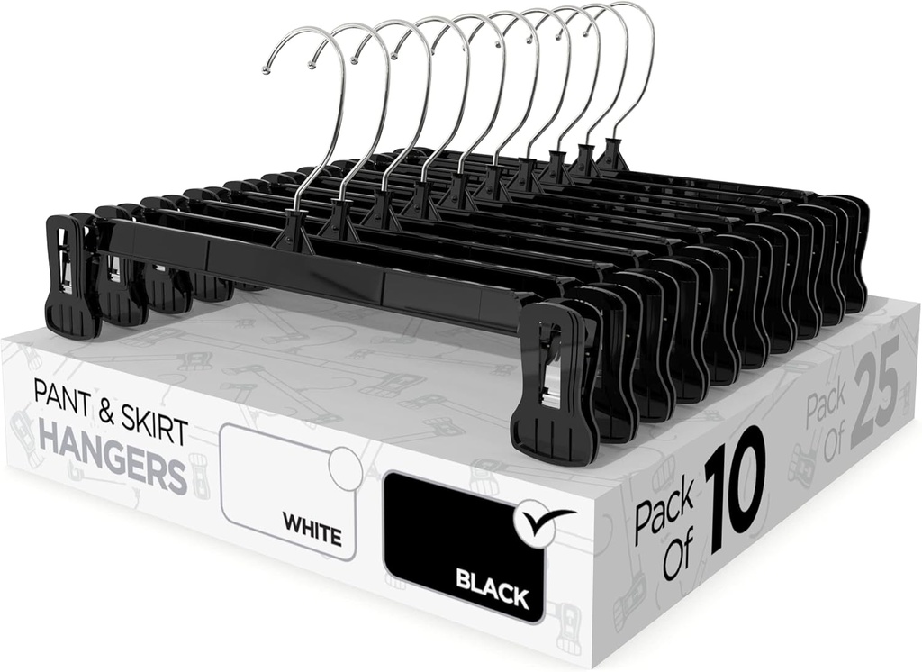 Sharpty Pant & Skirt Hangers - Closet Hangers for Shorts, Shirts, Jeans, Dresses, Slacks, Coats, Clothes, Clothing, Garments & More - Durable, Space Saving & Non-Slip, Black - 10 Pack