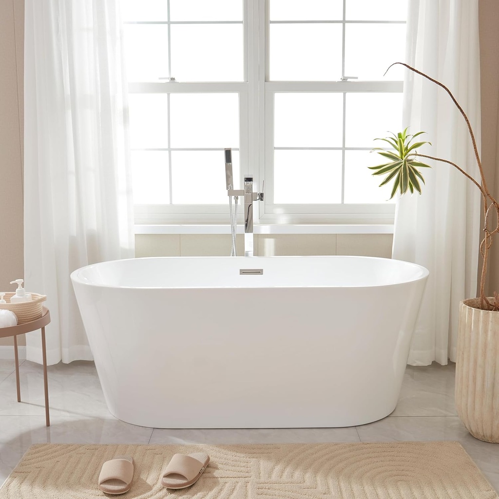 Vanity Art 59" Free Standing Tub Non-Slip Contemporary Design Freestanding Bathtub Soaking Tub with Overflow and Pop-up Drain, UPC Certified