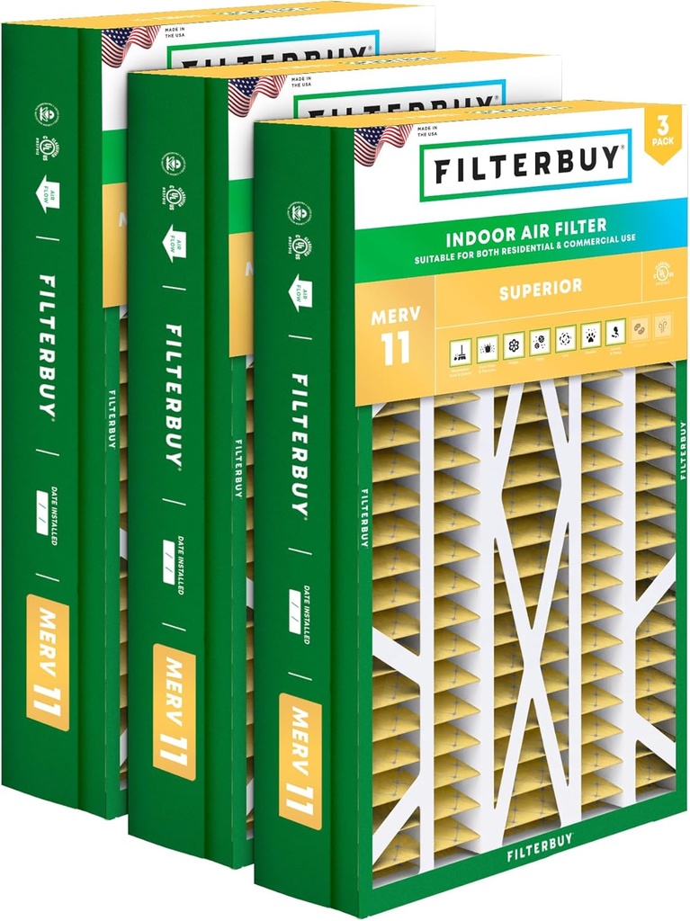 Filterbuy 14.5x27x5 Air Filter MERV 11 Superior Pet & Allergy Defense (3-Pack), Pleated HVAC AC Furnace Filters for Trane, American Standard, Honeywell, and More (Actual Size: 14.06 x 26.13 x 4.97)