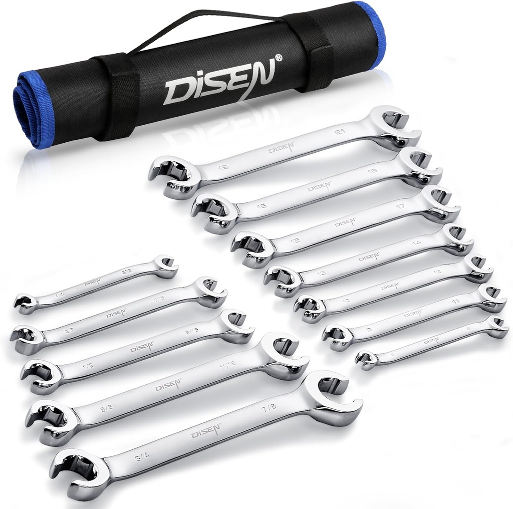 DISEN Flare Nut Wrench Set Metric and SAE 12-Piece Inch1/4 to 7/8" & 6-21mm, CR-V Steel Brake Line Wrench Set with Organizer Pouch,Father's Gift