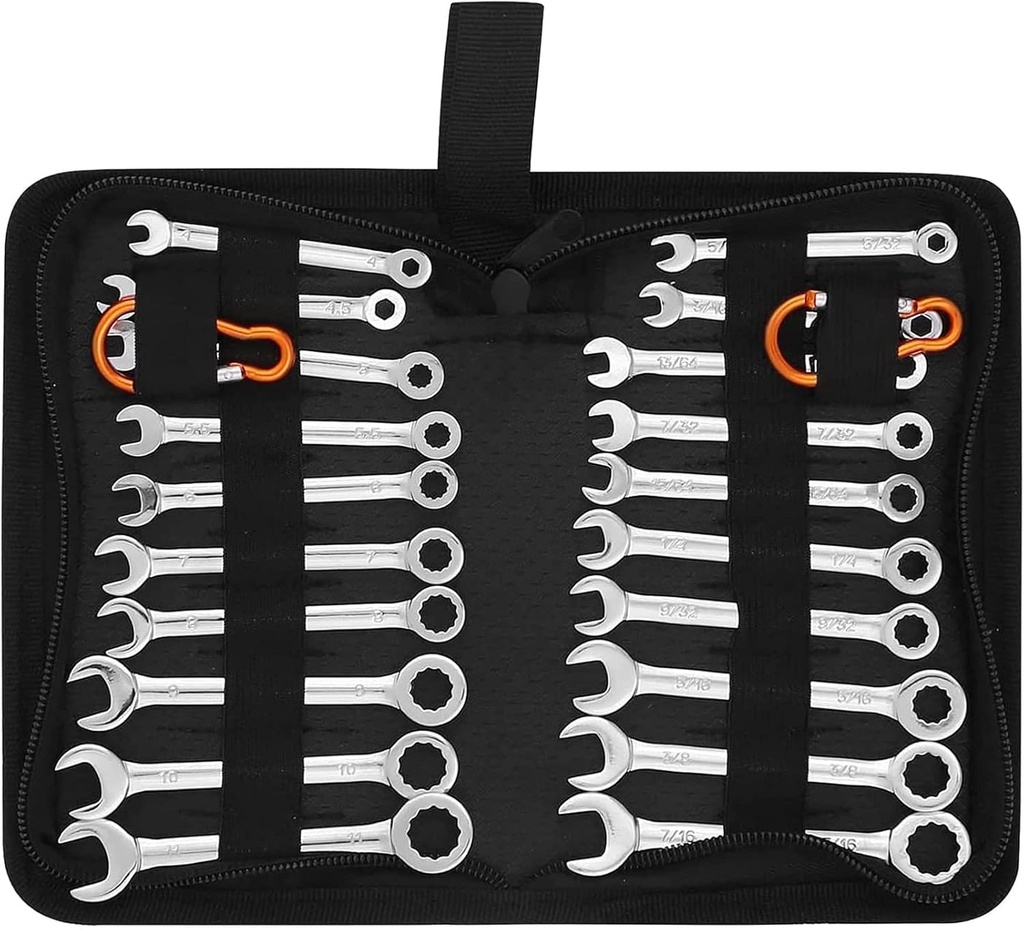 Premium Midget Wrench Set - 22-Piece Mini Combination Wrench Set Metric & SAE Ignition Wrench Sets 4-10mm & 5/32'' to 7/16'' Lightweight Small Carry Pouch