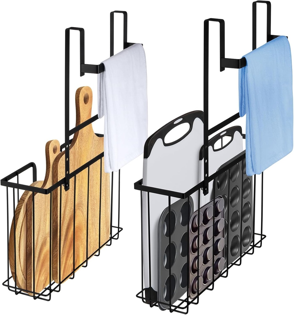 ORLESS 2-Pack Kitchen Cabinet Door Organizer, Over Cabinet Door Organizer with Towel Bars, Cabinet Door Storage for Cutting Board, Foil, Plastic Wrap, Baking Sheet, Cookie Sheet, Black