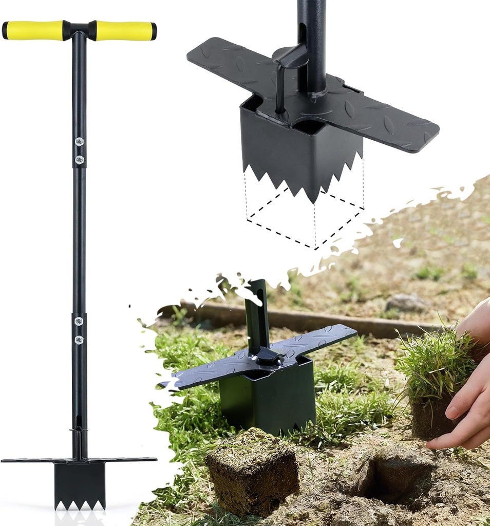 Colwelt Sod Plugger Tool 36-INCH, Grass Plug Tool 3 x 3 Square with Serrated Base, Long Handle Bulb Planter Tool with Dual Pedals & Easy Foot Ejector, Sod Turf Cutter for Lawn Planting Grass Repair