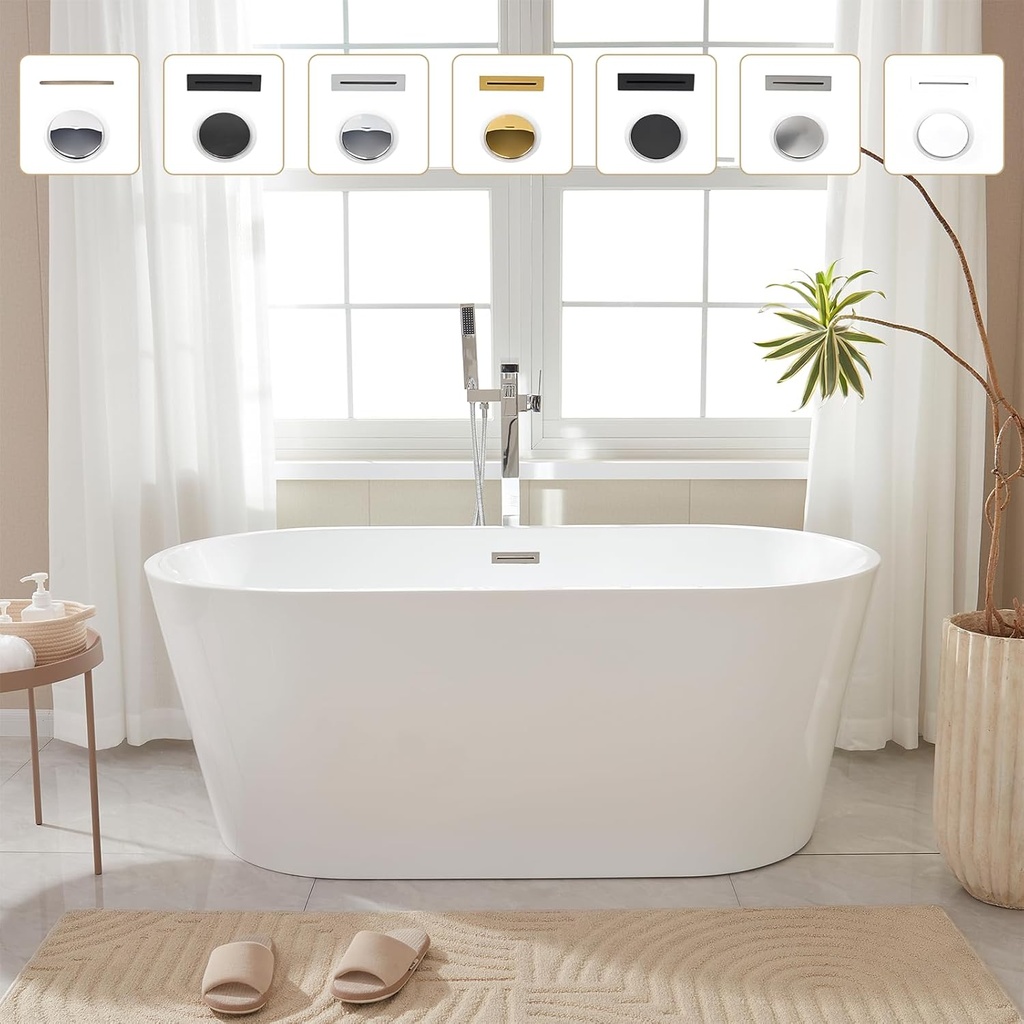 Vanity Art 59" X 30" Acrylic Freestanding Bathtub | Modern Stand Alone Soaking Tub with Overflow and Pop-up Drain, UPC Certified VA6815-S-PW