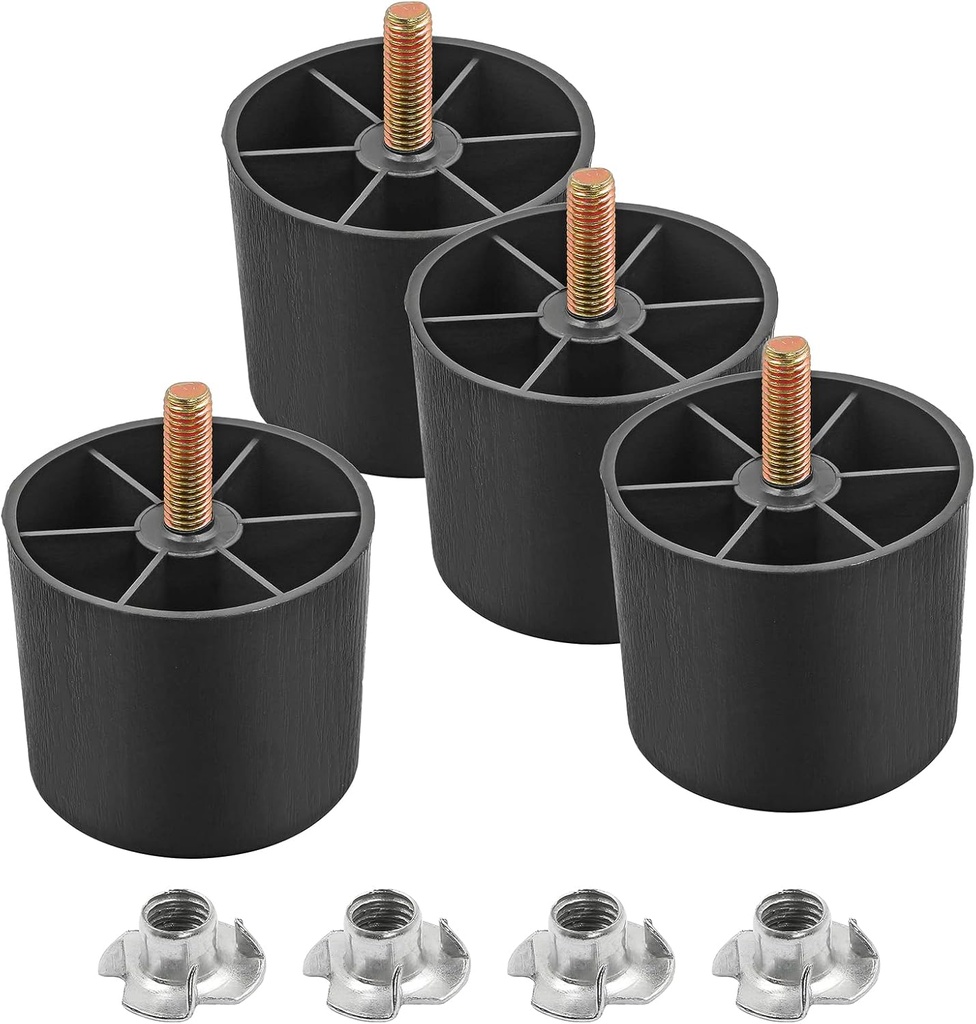 M8-1.25 Metric Thread Bolts Plastic Furniture Legs 2 Inch Black Round Tapered Sofa Feet with T-Nuts - Couch Feet Replacement - Couch Legs Set of 4