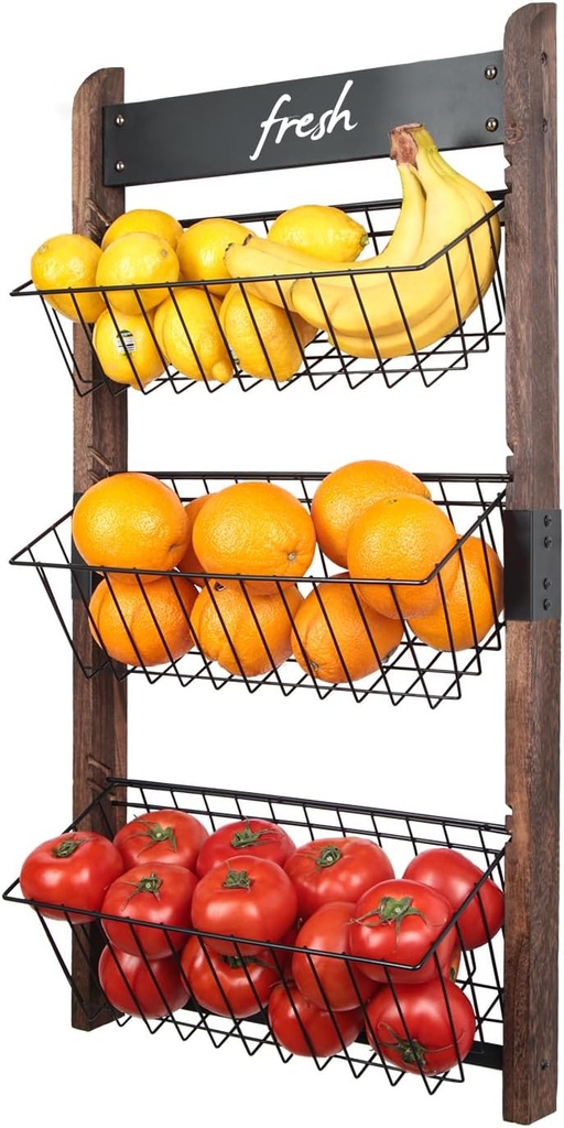 J JACKCUBE DESIGN 3 Tier Wall Mount Fruit Basket, Hanging Wire Fruit Vegetable Storage Organizer Rack for Kitchen with Chalkboard- MK657B