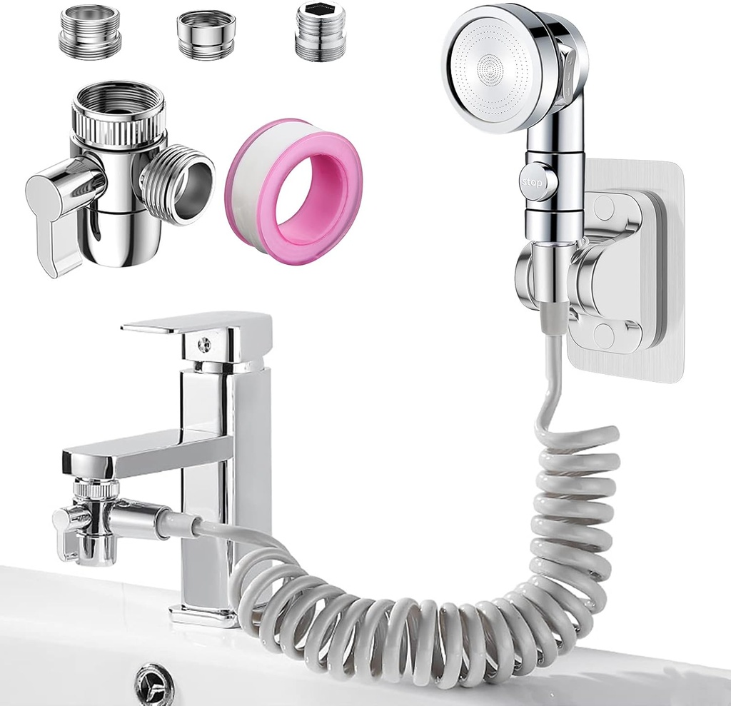 Sink Faucet Sprayer Attachment Set, Kitchen Bathroom Pet Bathing Shower Head with 9.8ft Hose and G1/2, 55/64", 15/16" Faucet Adapters, Hair Washing, Dog Shower and More