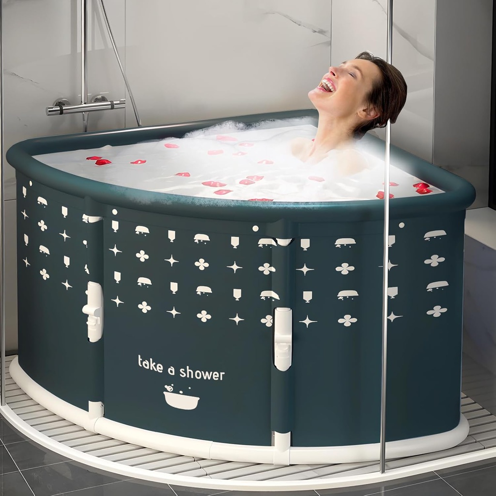 Portable Bathtub for Adult, Fan-shaped Foldable Bathtub, Large Collapsible Tub, Freestanding Surround Collapsible Tub, Folding Corner Bathtubs (Gark Green)