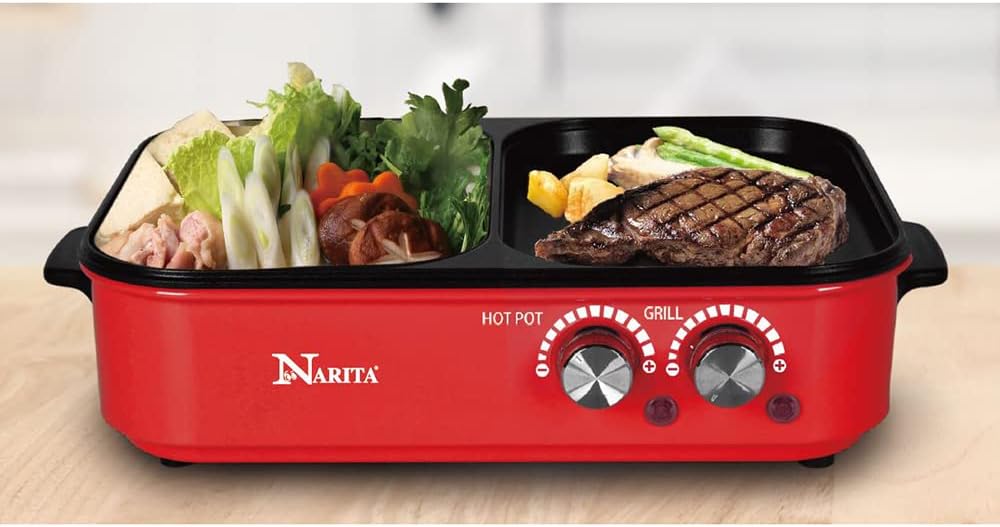 Electric Grill with Hot Pot, Narita 2-in-1 Hot Pot & Grill, Red BY C&H Solutions