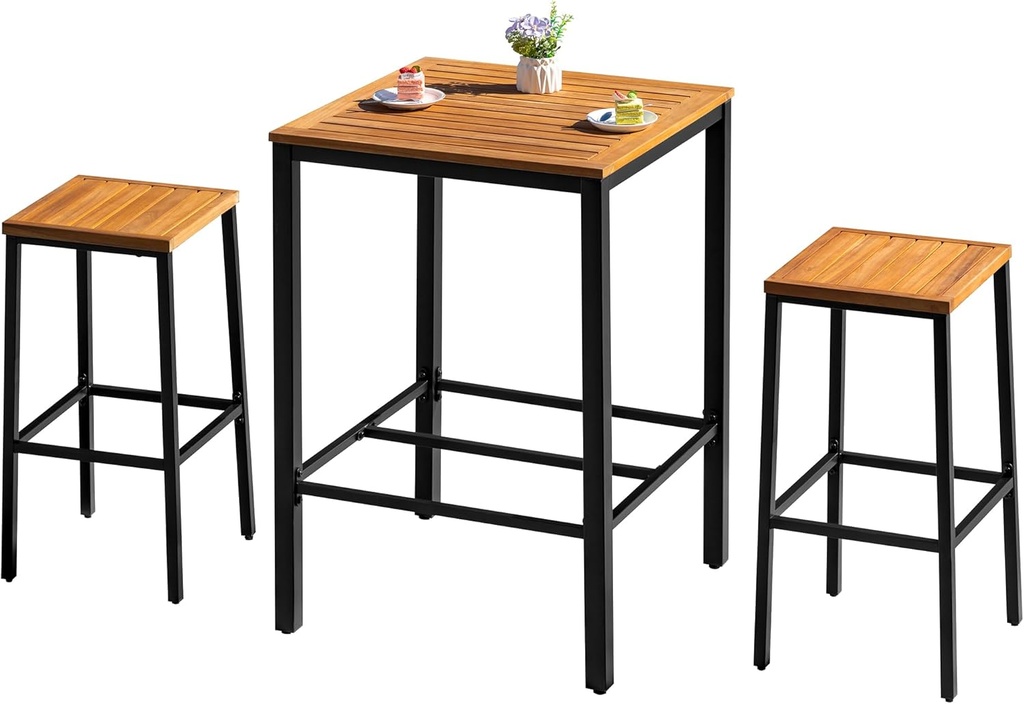Greesum 3 Piece Patio Acacia Wood Bar Set with high Table and 2 Chairs All-Weather Outdoor Furniture for Backyard, Deck, Garden, Porch,Black