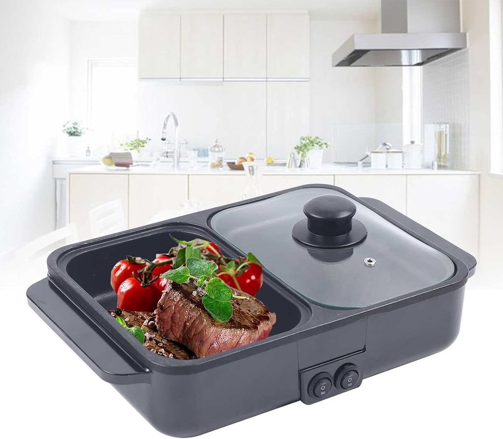 Electric Grill with Hot Pot,Hot Pot with Grill, 2 in 1 Indoor Non-Stick Hot Pot and Griddle for Korean BBQ and Noodles,Mini Grill Indoor Hot Pot with Glass Lid,Independent Temperature Control,Black