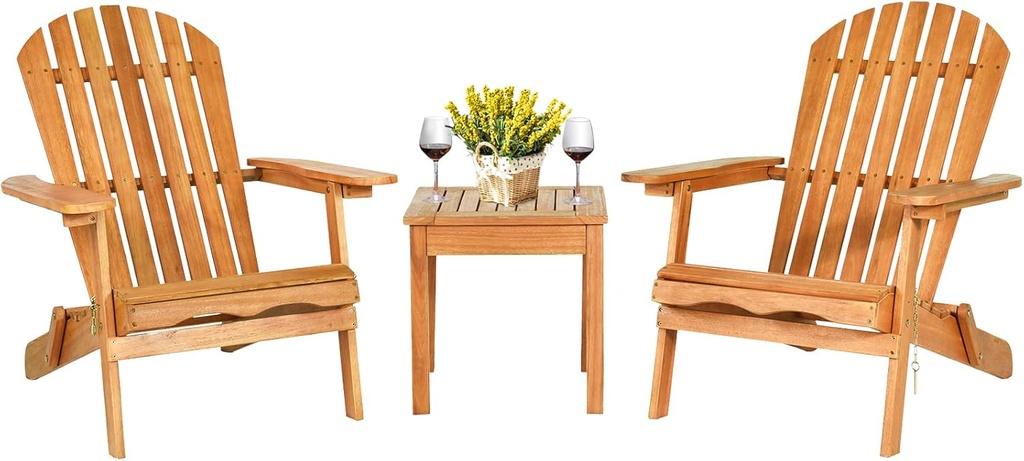 Tangkula 3 Pieces Adirondack Chair Set, Outdoor Wood Furniture Set with 2 Folding Lounge Chairs & Side Table, Widened Armrest, Slatted Design, All Weather Conversation Set for Garden Patio Backyard