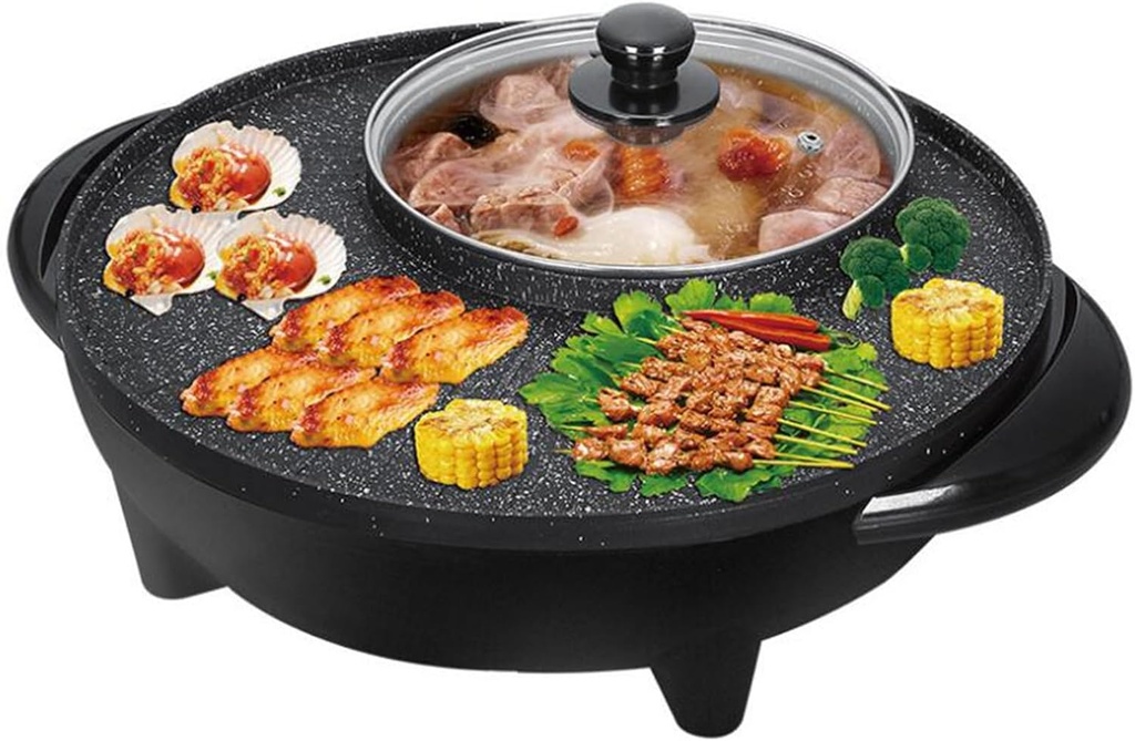 Hot Pot with Grill 2 in 1, Multifunctional Smokeless Korean Barbecue Grill, Indoor Electric Hotpot Grill Combo, Capacity for 3-5 People, Non-stick Black