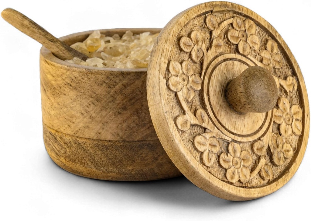Mie Creations Salt Pepper Pinch Bowls, Vintage Salt Box Cellar with Wooden lid | Wood Spice Keeper for Cooking, Sugar Coffee Storage Container for Kitchen with Tiny Spoon- Christmas Thanksgiving Decor