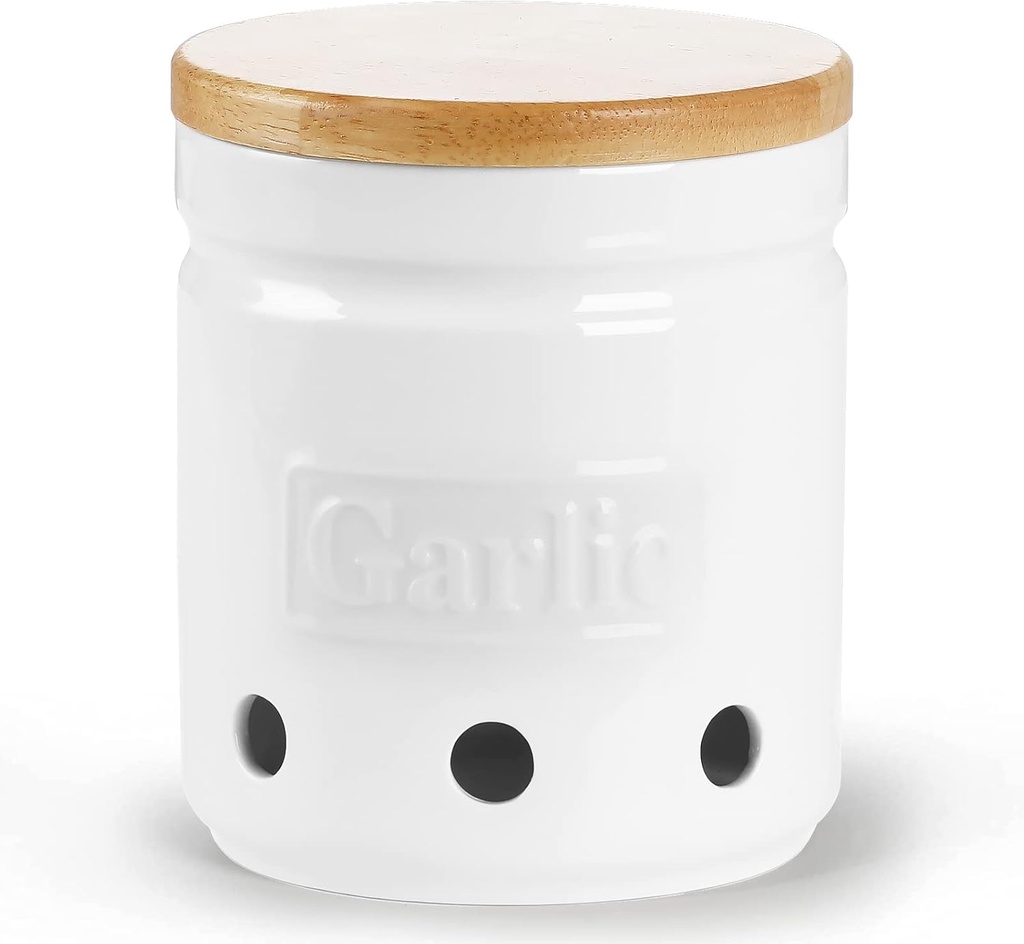 ONTUBE Garlic Keeper with Wooden Lid, 4.5-Inch Ceramic Garlic Holder Storage, Garlic Container for Kitchen, Garlic Saver to Keep Your Garlic Cloves Fresh Longe 24 oz, White