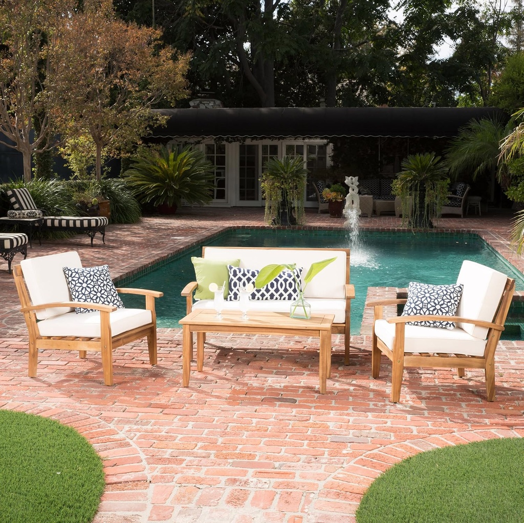 GDF Studio 4 Piece Wood Outdoor Patio Seating Chat Set Beige Cushions