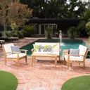 GDF Studio 4 Piece Wood Outdoor Patio Seating Chat Set Beige Cushions
