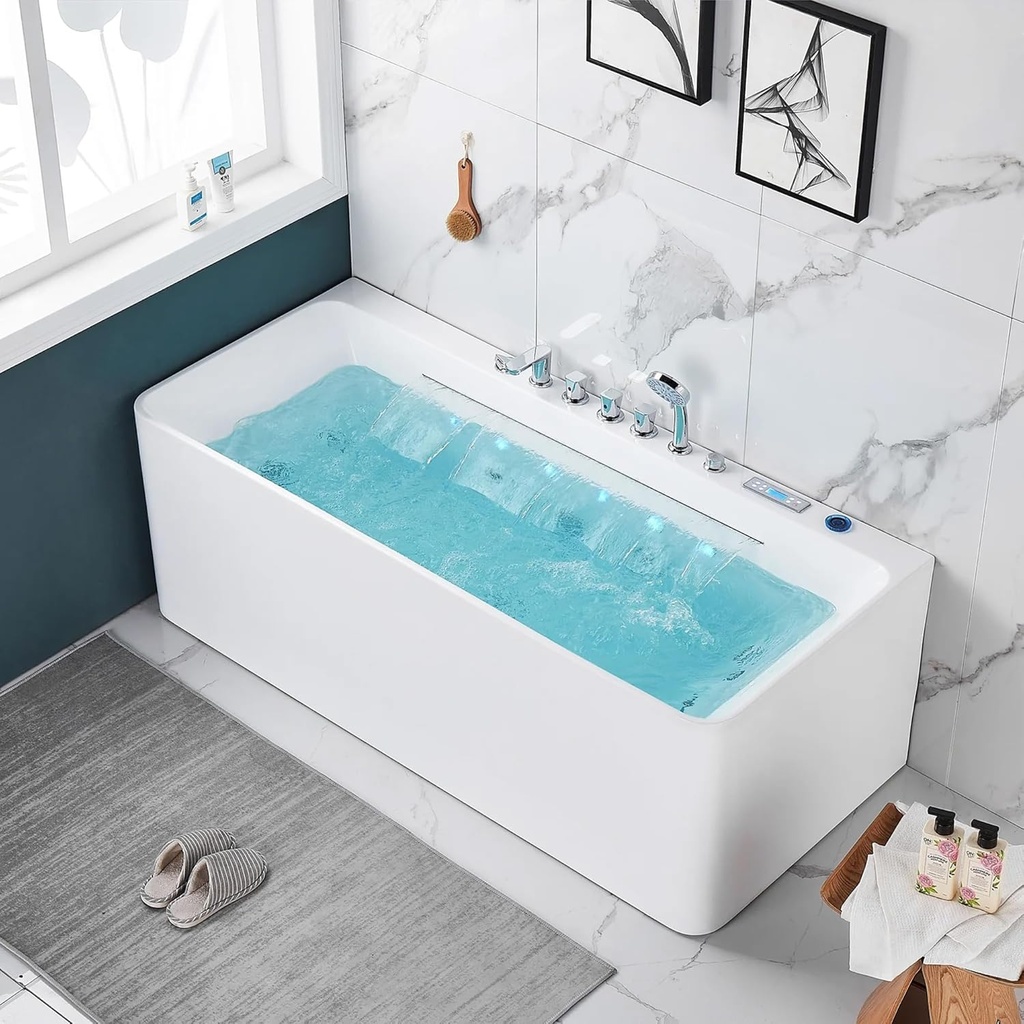 67” Whirlpool Freestanding Soaking Acrylic Jetted Rectangular Bathtub with Waterfall SPA Hydro Massage & Chromatherapy, LED Control Panel with Light, UL Certified