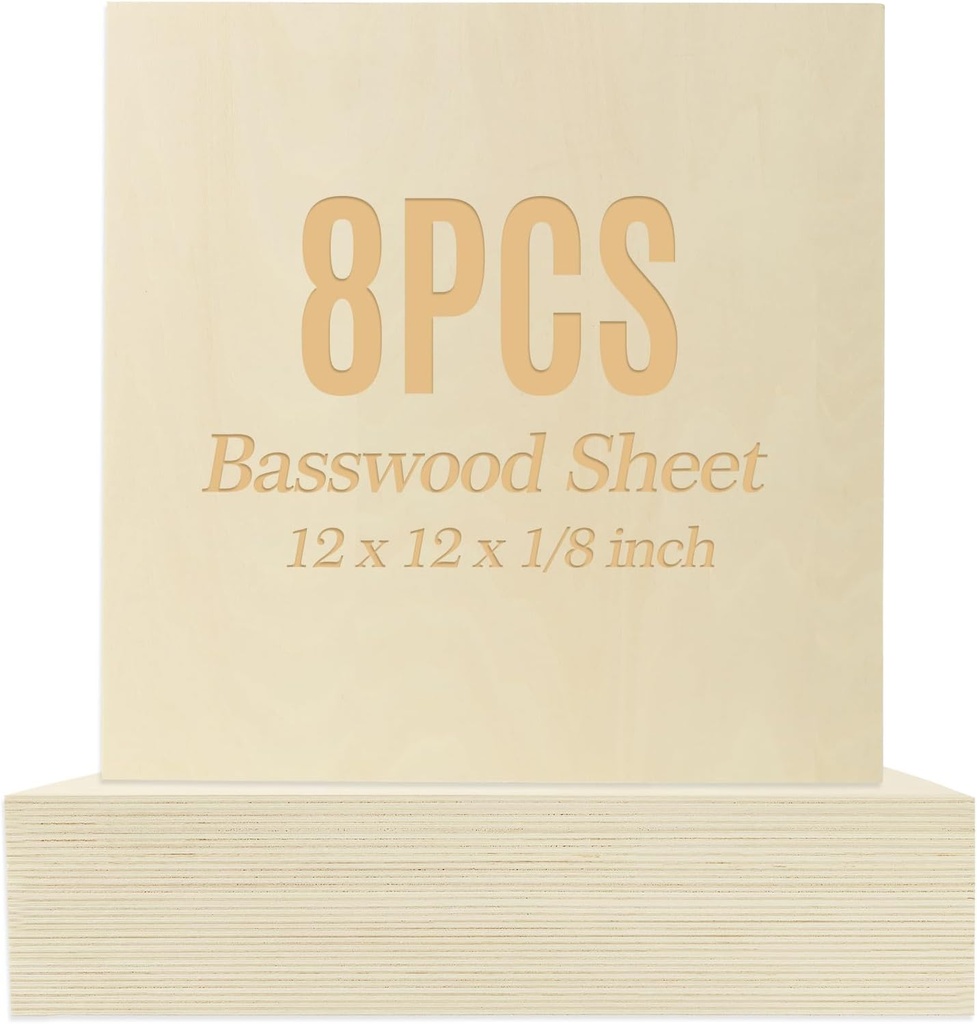 8pcs 12” x 12” x 1/8” 3mm Thickness Premium Basswood Plywood Sheets for Crafts A/A Grade Perfect for Pyrography Wood Burning, Laser Engraving, CNC Router Modeling, Fretwork, Architectural Models