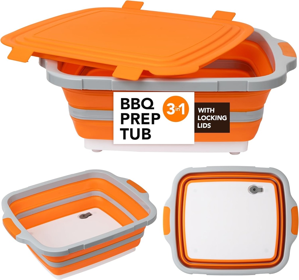 Large Collapsible BBQ Prep Tub with Locking Lid, Basket for Meal Prep Marinating Food Storage, Plastic Cutting Board(4.22 Gal/16L), Camping Sink with Colander, Dish Basin