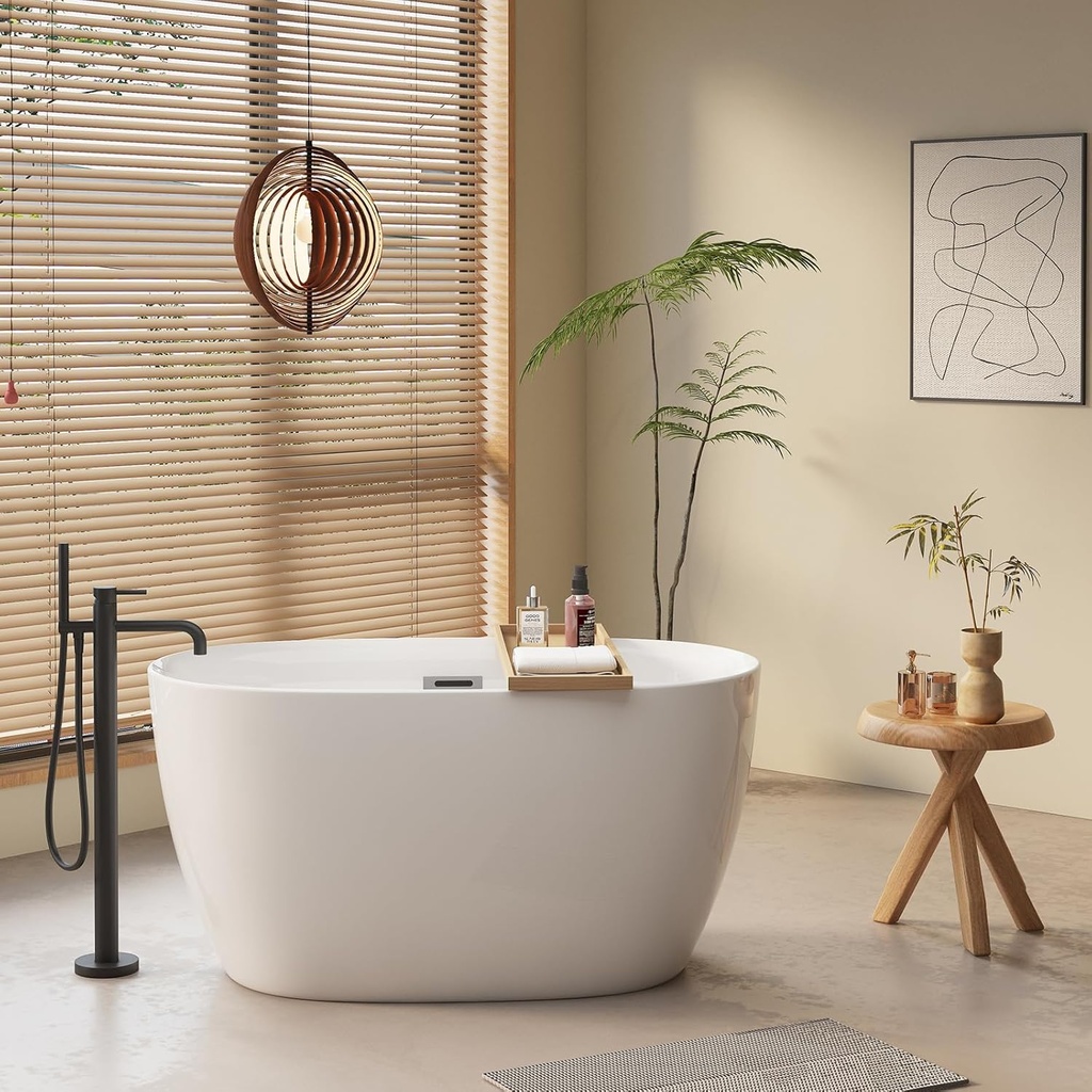 47 Inch Oval Acrylic Freestanding Bathtub Soaking Tub Modern Freestanding Bath with Chrome Overflow Pop-Up Drain Leveling Feet Gloss White