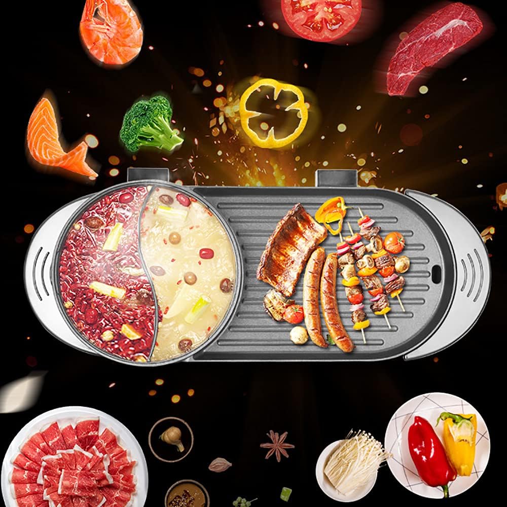 2 in 1 Electric Hot Pot with Grill 2200W BBQ Grill Indoor Smokeless Grill and Hot Pot BBQ Pan 122-464℉ Separate Dual Temperature Control for 2-12 People (B)