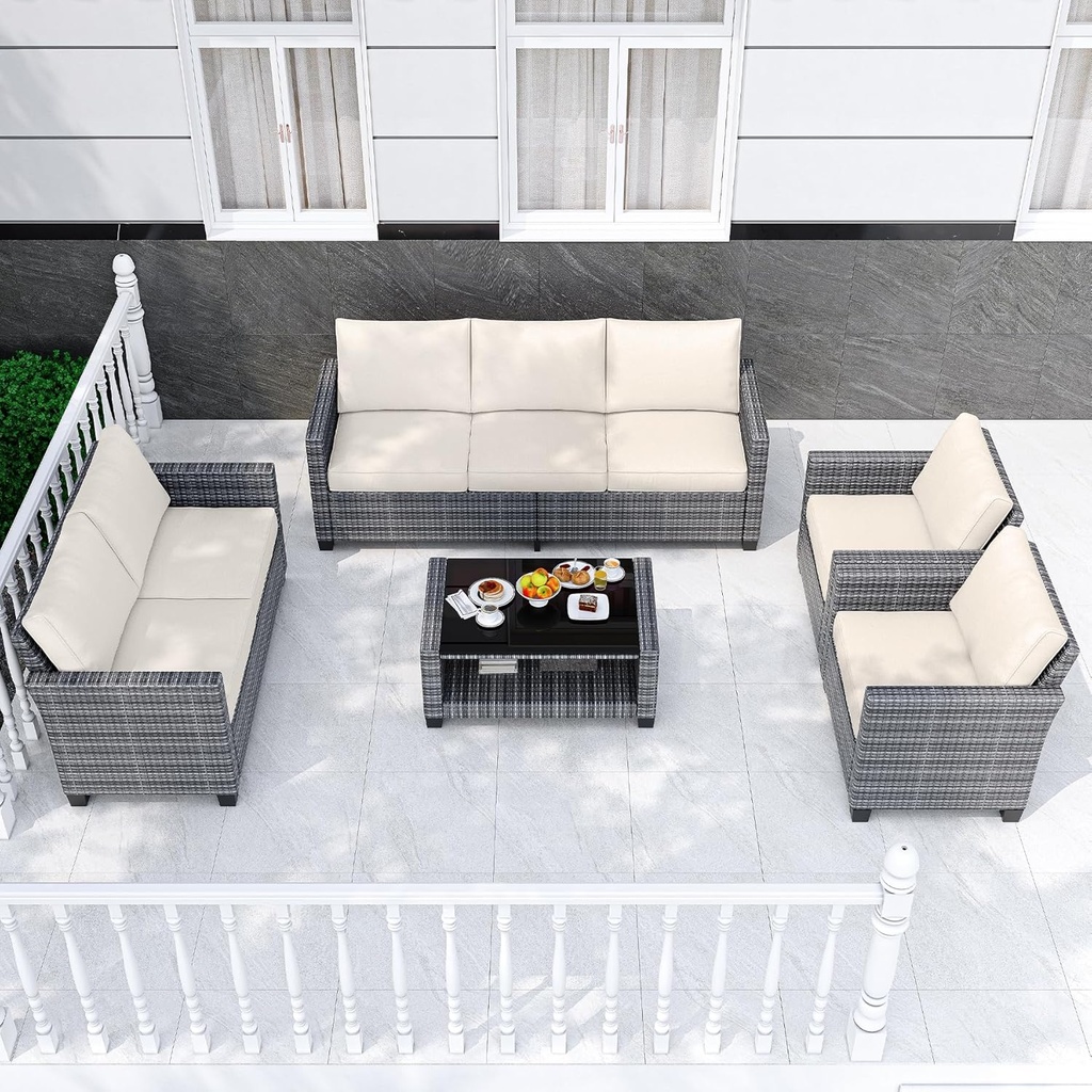 GAOMON Patio Furniture Set 5 Pieces, 7 Seat PE Rattan Outdoor Patio Furniture Sectional Set with Storage Table, Patio Conversation Sets for Backyard,Deck,Poolside (7 Seat Gray Rattan + Cream Cushions)