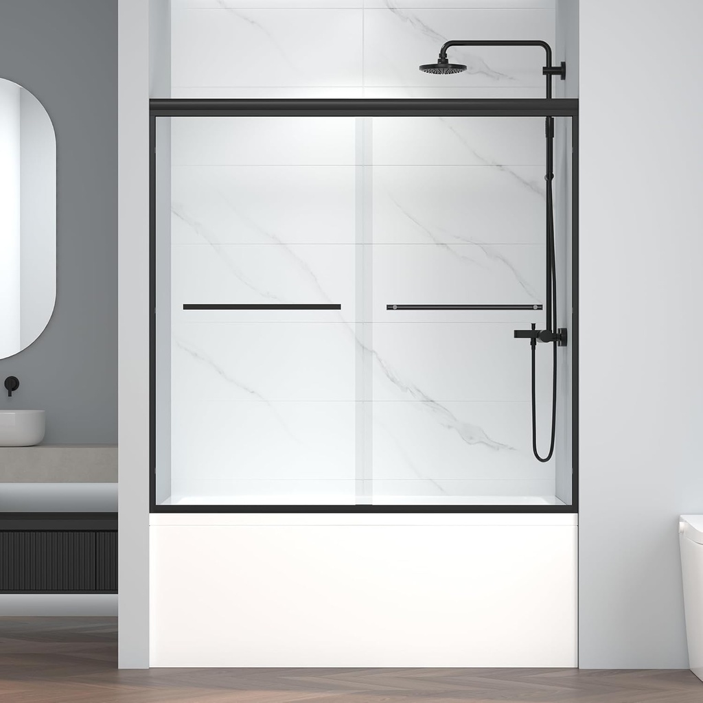 60" W x 58" H Semi-Frameless Bypass Sliding Bathtub Shower Door, Easy-to-Clean Treated Clear Tempered Glass, Matte Black