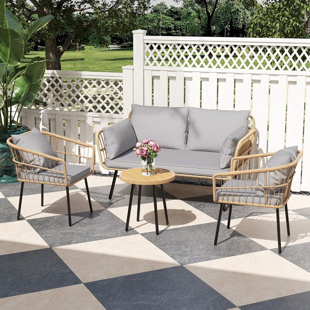 DWVO 4 Pieces Patio Furniture Set, Outdoor Wicker Bistro, All-Weather Rattan Conversation With Loveseat Chairs Table Soft Cushions for Backyard, Pool, Deck, Garden (Grey)