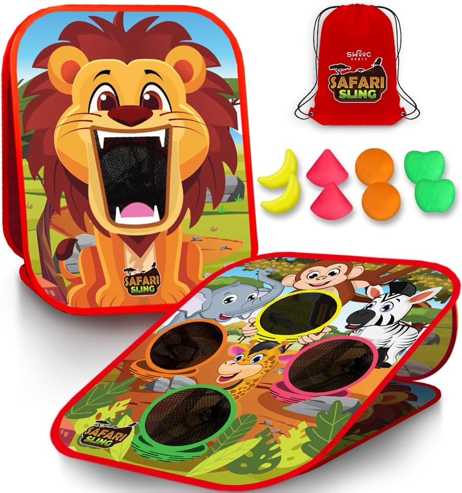Swooc Games® - Safari Sling™ | 2-in-1 Bean Bag Toss Game for Kids | 5-Second Setup Kids Cornhole Game Set | Outdoor Toddler Activities | Backyard Party Games | Corn Hole Set Toddler Bean Bag Toss