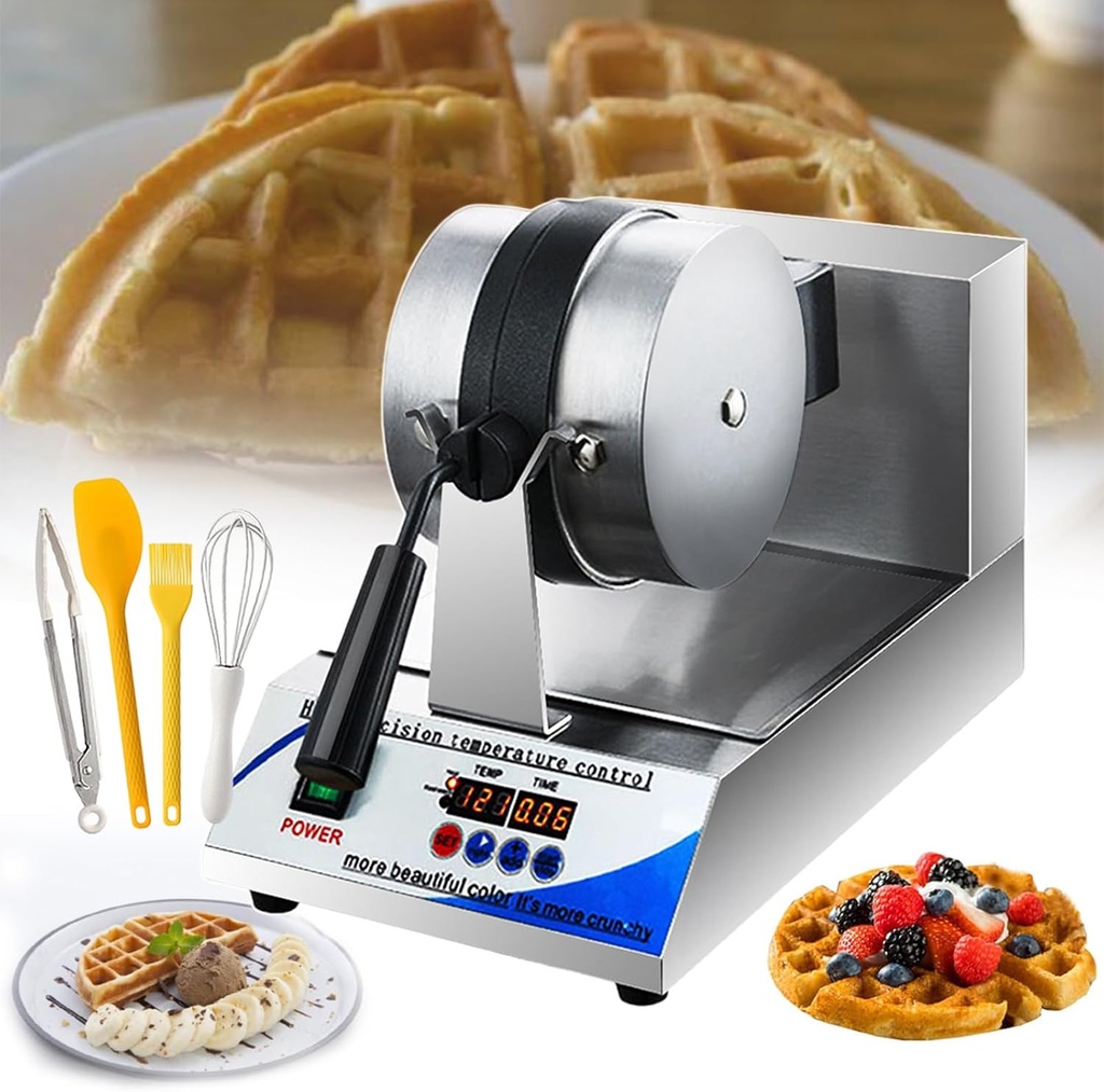 Waffle Maker, 1200 W Commercial Flip Design with Thick Stainless Steel, Dual-Sided Heating & 360° Rotation for Crispy Homemade Waffles - Baking Tools Kit Included