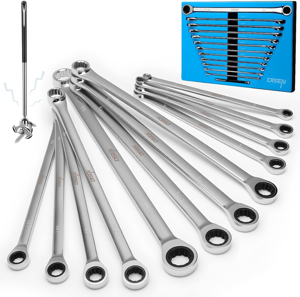 DISEN 12 + 1 pcs Extra Long Ratchet Wrench Set, Metric 8-22mm Double Box End ratcheting wrench set with a Magnetic Pickup Tool, Secret Santa Gifts for Men, Stocking Fillers for Men Christmas Birthday