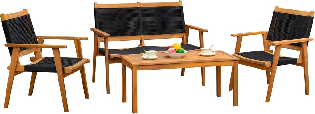 Devoko 4 Pieces Acacia Wood Patio Conversation Sets, Patio Furniture Set with Hand Woven Rope Seats and Back, Outdoor Chair and Table Set for 4 for Balcony, Backyard, Deck, Poolside