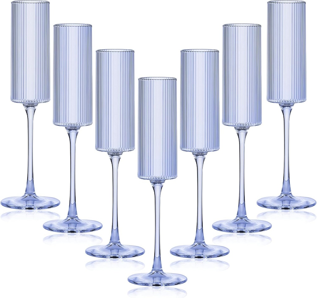 16 Pack Plastic Champagne Flutes, 5.5 Oz Unbreakable Goblet Glasses Reusable Champagne Toasting Cups & Elegant for Wedding Party Anniversary Christmas Birthday (5.5oz-Ribbed-Blue-16pack)