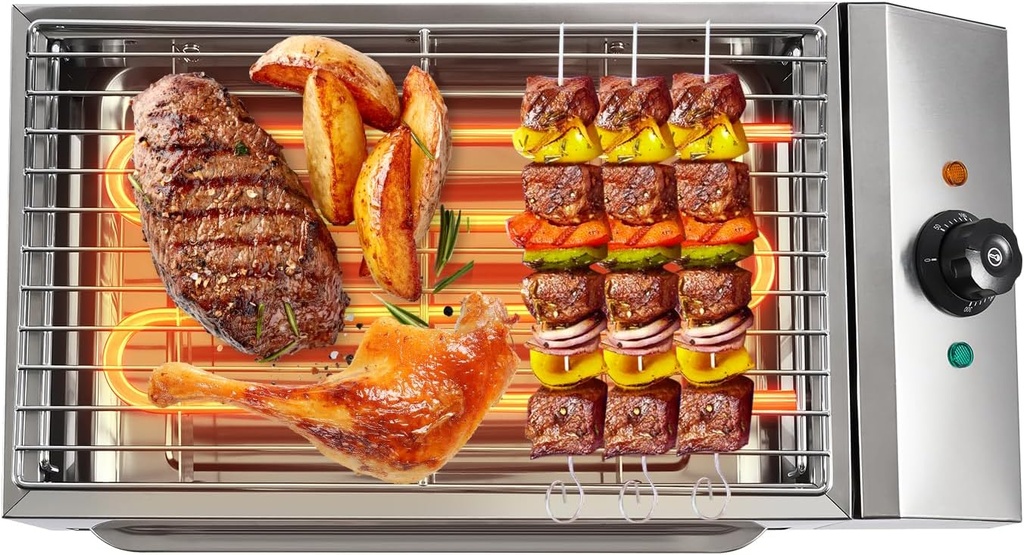 LOYALHEARTDY Commercial Electric Grill Griddle, Electric Indoor Grill BBQ Grill with Temperature Control, Removable Grill and Griddle Plates, Stainless Steel Flat Hotplate Smokeless Grill