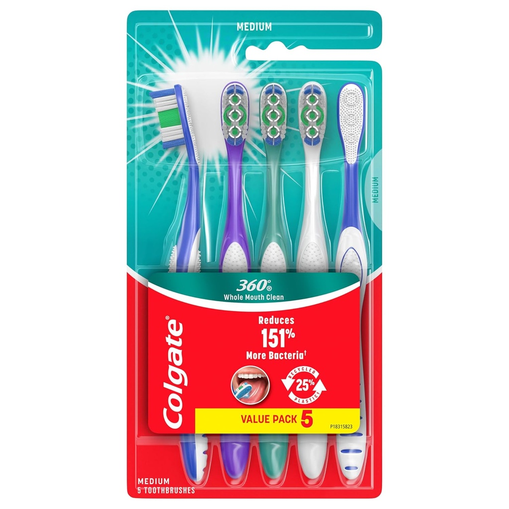 Colgate 360 Whole Mouth Clean Toothbrush, Adult Medium Toothbrushes, 5 Count (Pack of 1)