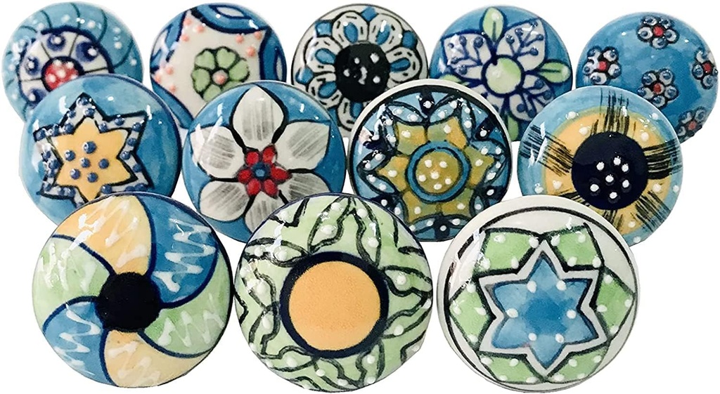 Kunal Blue Ceramic Knobs Door Vintage Handle Cupboard Pull Cabinet knobs Chrome Hardware Kitchen Drawer knobs Cabinet pulls Interior Meenakari Set of 12