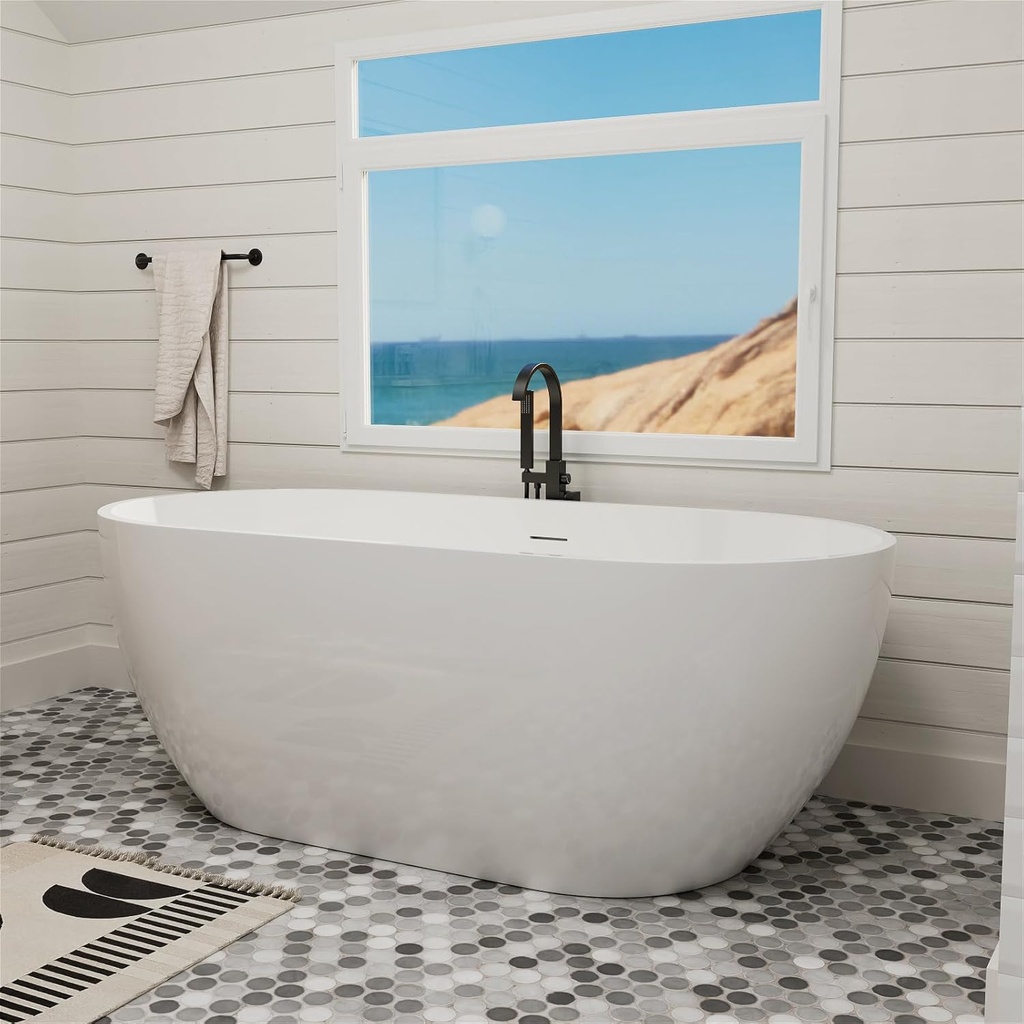 70" Acrylic Freestanding Bathtub, Double Ended Free Standing Tub, Soaking Tub with Integrated Slotted Overflow, Toe-Tap Chrome Drain, cUPC Certified, Glossy White
