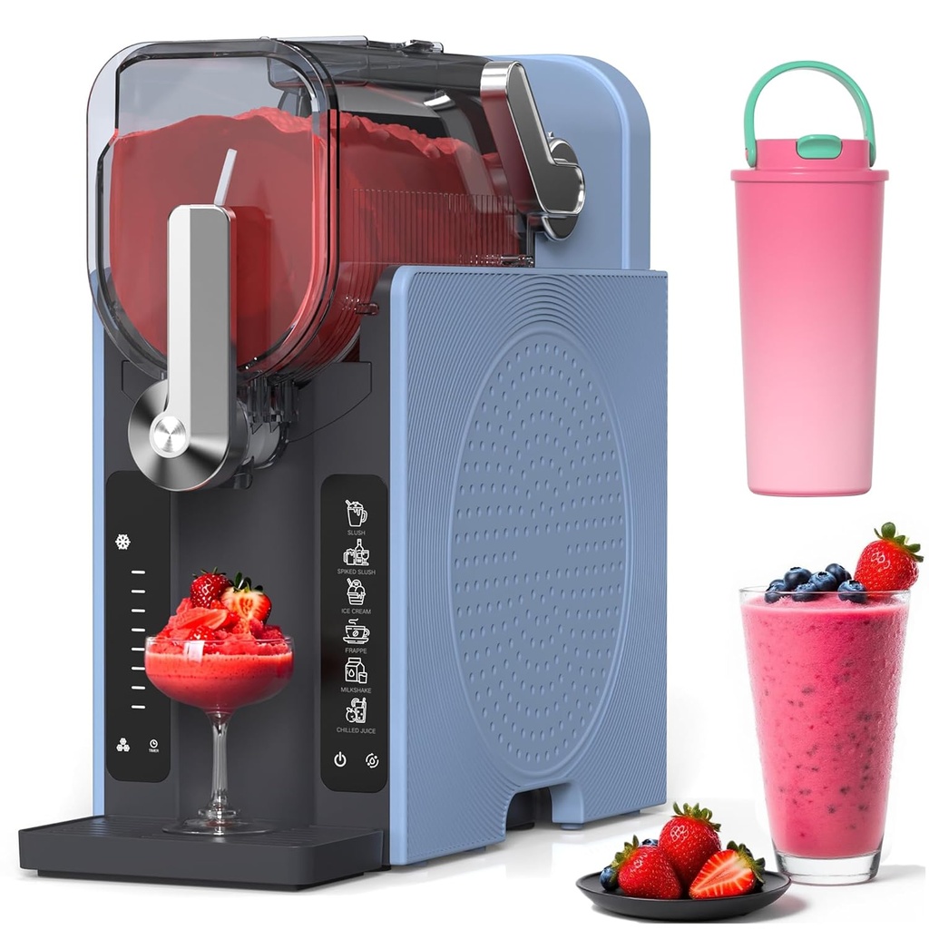 Slushie Machine, Slushy for Home No Ice Need, Soft Serve Ice Cream Maker & Margarita Machine, Auto-Cleaning, 6 Presets for Milkshakes, Frappés, Frozen Drink and More, Blue, 1 Insulated Cup