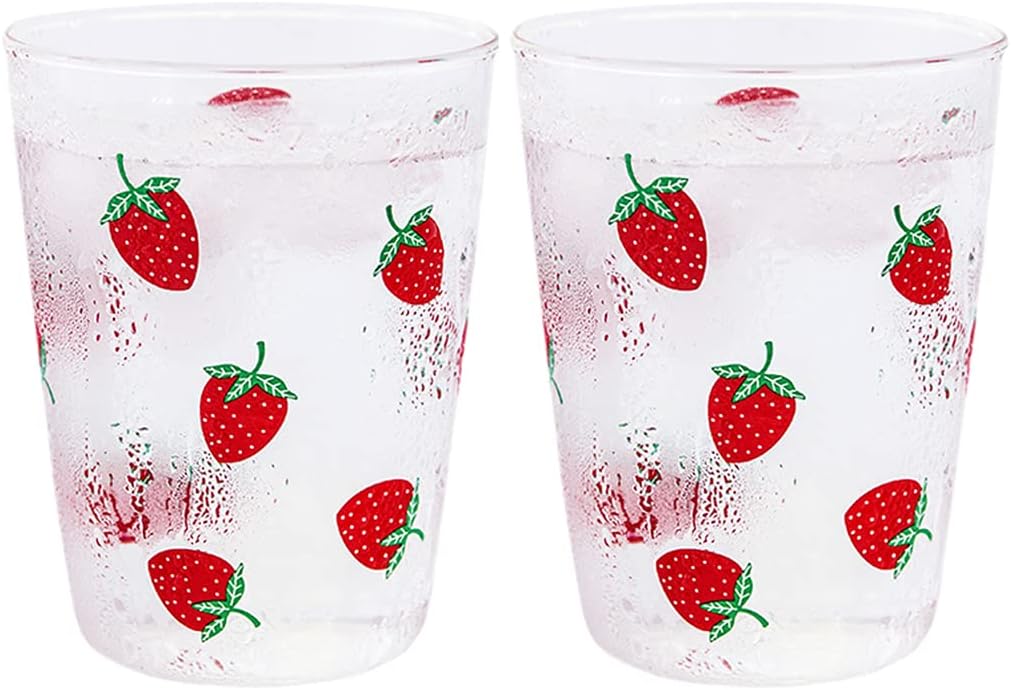 Sizikato Set of 2 Clear Glass Tumbler, 11 Oz Iced Tea Glass, Cute Strawberry Pattern
