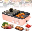 TFCFL Electric Grill and Hot Pot, 2 in 1 Non-Stick Barbecue Hot Pot Grill with Dual Temp Control, 1200-1500W, 2L, Mini Smokeless Korean BBQ/Shabu (Pink)